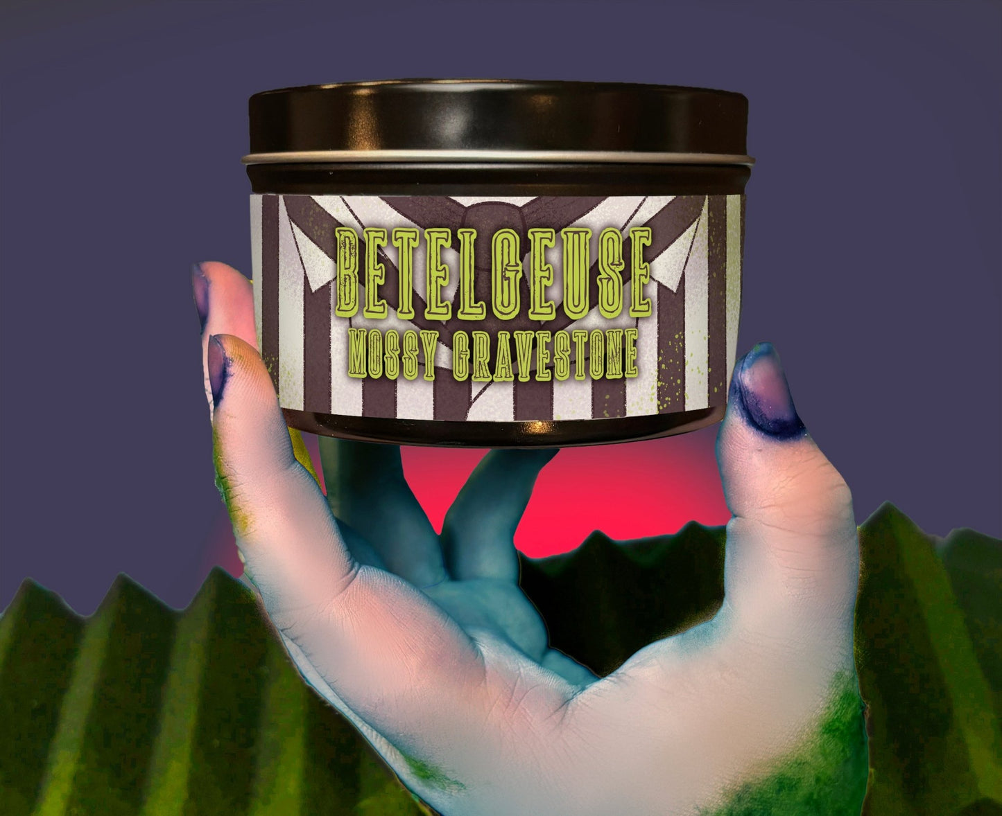 Hand-poured Betelgeuse candle with mossy graveyard scent, inspired by classic afterlife comedy